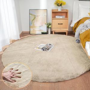 Washable Shag Round Rugs 6ft Camel Plush Faux Rabbit Furry Fur Rugs for Bedroom Large Circle Fluffy Nursery Rug (5'11" (Round), Beige)