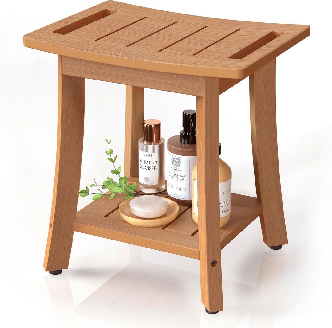 Waterproof Shower Benches for Inside Shower, Poly Lumber Shower Stool with Storage Shelf & Adjustable Feet, SPA Bathroom Seat Chair for Shaving Legs, Indoor or Outdoor Use, Teak Brown (Medium - Ergonomic 16"x12"x17")