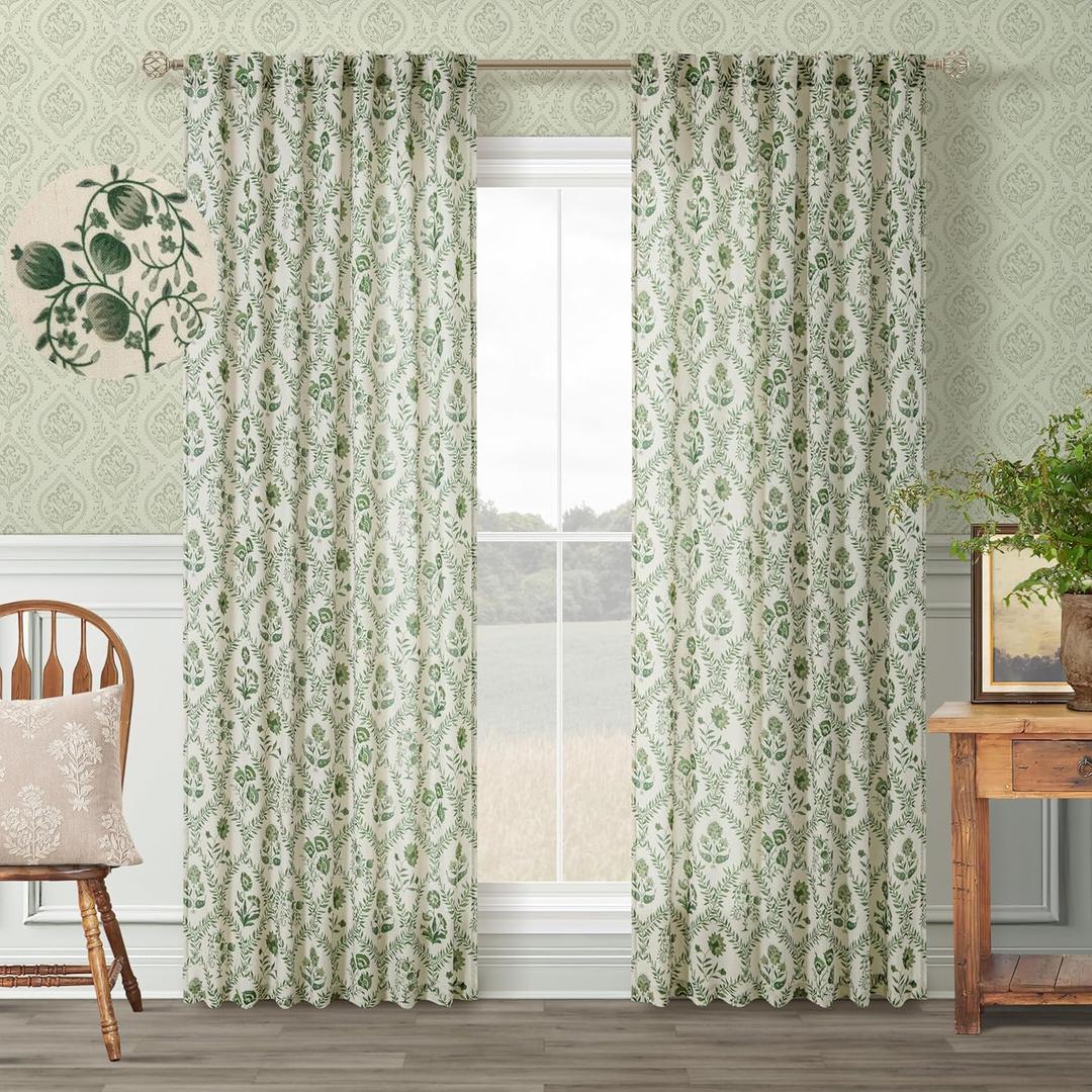 Olive Floral Linen Curtains for Living Dining Room 86 Inch Length 2 Panels Green Poppy Botanical Flower Pattern Printed Curtains Back Tab Semi Sheer Farmhouse Decor French Country Drape for Bedroom