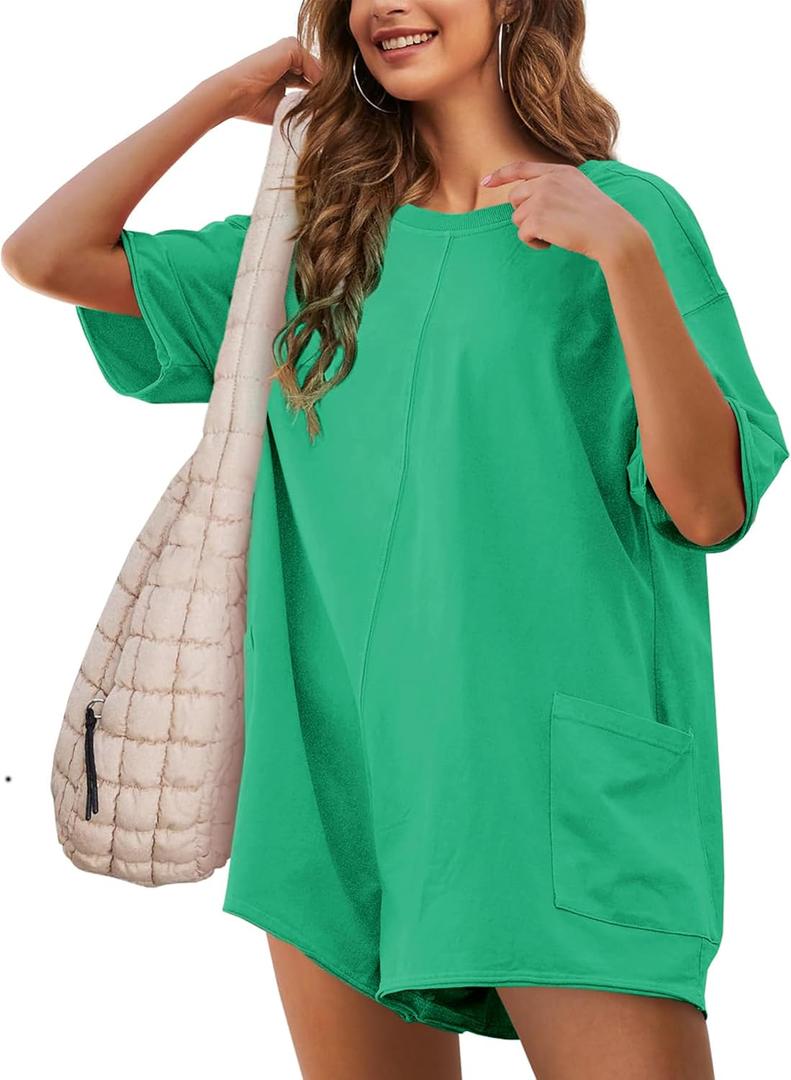 Yeokou Rompers for Women Casual Short Sleeve Oversized Athletic Workout Reversible Hot Shot Tee Romper Deep Pockets (Small, Green)