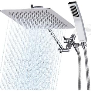 G-Promise All Metal 10" Dual Square Shower Head Combo | Rain Shower Head | Handheld Shower Wand | Adjustable | Smooth 3-Way Diverter | 71" Extra Long Hose - A Bathroom Upgrade (Chrome)