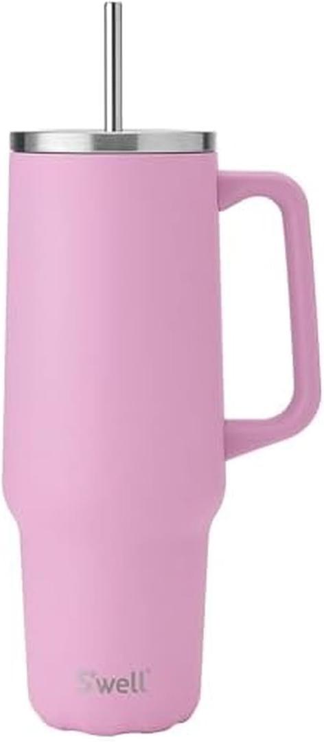 S'well Recycled Stainless Steel Tumbler XL with Straw and Handle, 40oz, Hydrangea Pink, Triple Layered Vacuum Insulated Containers Keeps Drinks Cold for 50 hours and Hot for 10