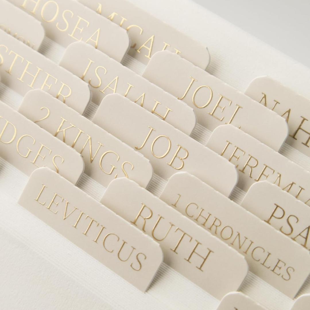 Bible Tabs for Women and Men, 75 Laminated Index Tabs with Embossed Gold Foil Lettering, Durable Neutral Bible Study Tabs for Easy Navigation, Bible Journaling Supplies