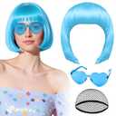 PLULON Light Blue Bob Wig with Heart Sunglasses and Hair Cap for Women, Short Bob Wigs Synthetic Colored Funny Cosplay Hairpieces for Women Men Daily Bachelorette Halloween Costume Party Decorations
