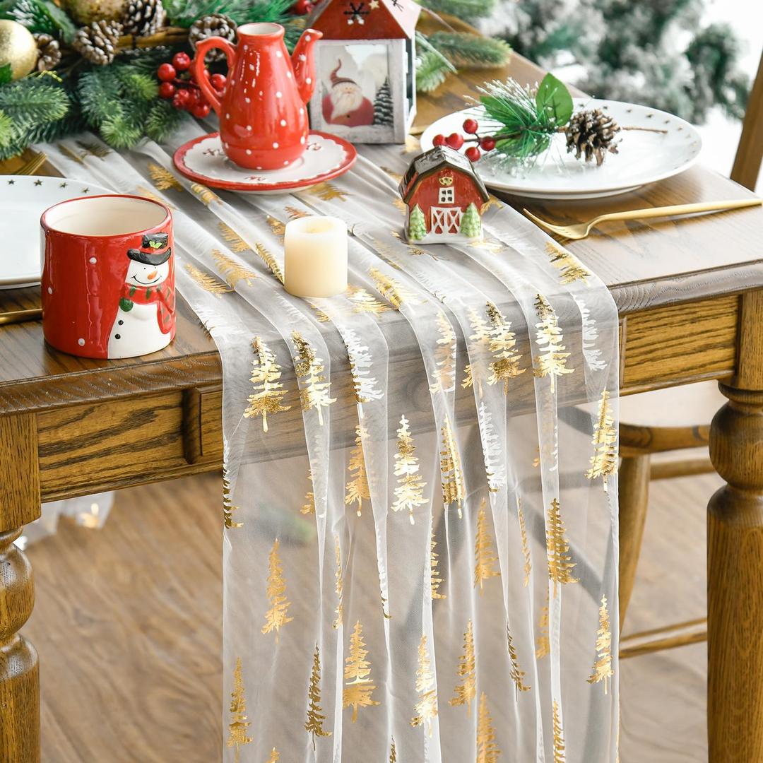 Artoid Mode 6PCS Beige Gold Christmas Tree Gauze Table Runner 120 Inch 10FT, Glitter Metallic Foil Seasonal Sheer Dining Holiday Table Decor for Home Party