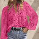 BETTE BOUTIK Women's Long Short Sleeve Tops 2025 Dressy Casual Button Hollow Out Lace Embroidered Blouses Shirts (Pink)