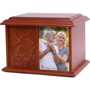 Double Urn for 2 Adults - Wooden Cremation Urn for Human Ashes Male Female Companion Urns for Ashes Women Men Carved 400 Lbs Large Hummingbird Urns with 4 x 6 Picture Frame