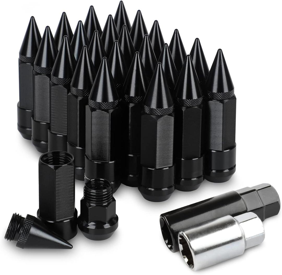 24Pcs Anti Theft Spikes Extended Tuner Wheel/Rims Lug Nut M14X1.5+Socket(Black)