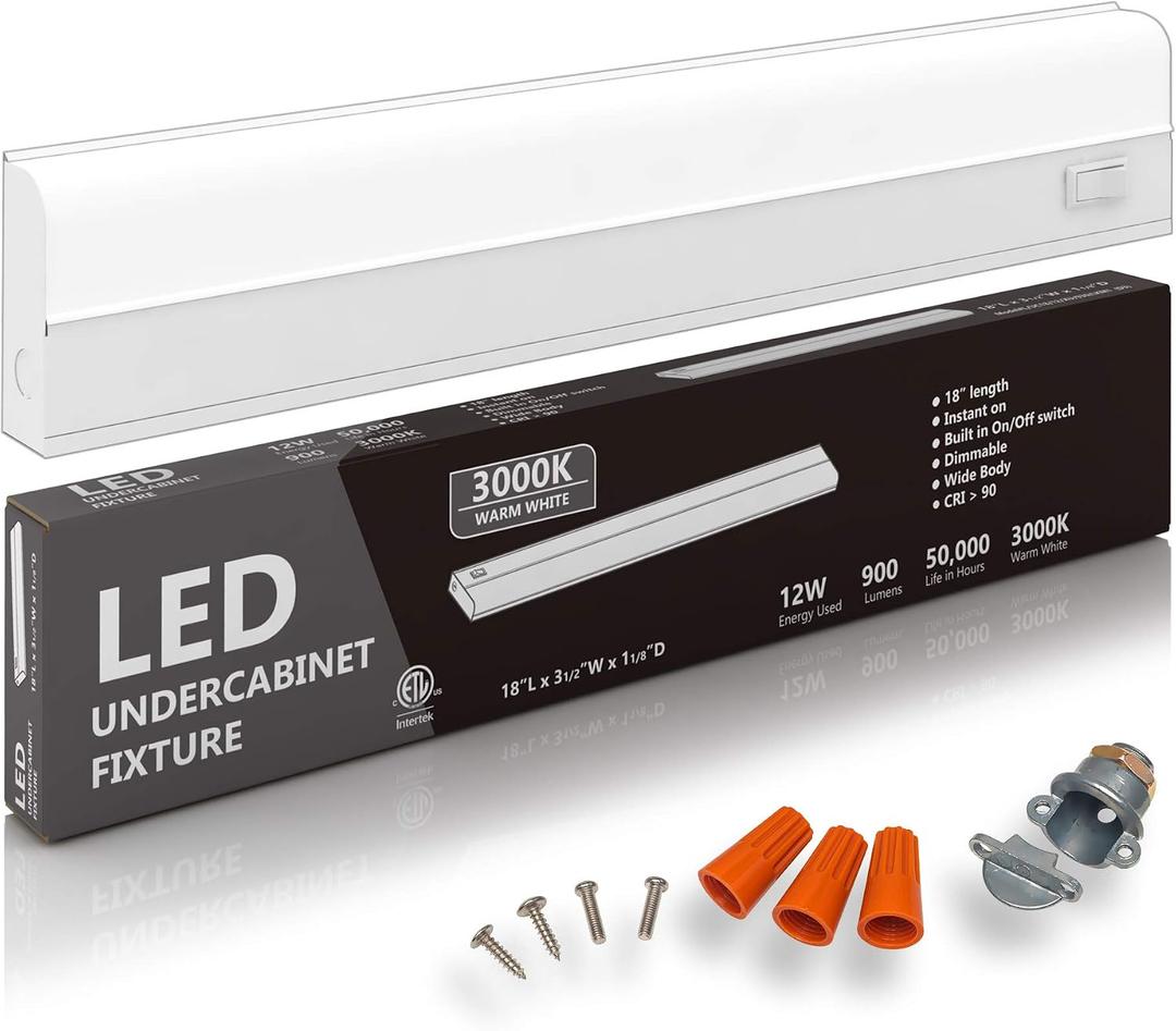 Hardwired LED Under Cabinet Task Lighting - 12 Watt, 18", Dimmable, CRI>90, 3000K (Warm White), Wide Body, Long Lasting Metal Base with Frost Lens