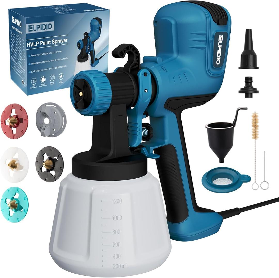 ELPIDIO Paint Sprayer, 700W HVLP Electric Spray Paint Gun, with Cleaning & Blowing Joints 4 Copper Nozzles and 3 Patterns Paint Sprayers for Home Furniture, Walls, Cabinets, Fence, Door etc. EP62. (Blue)