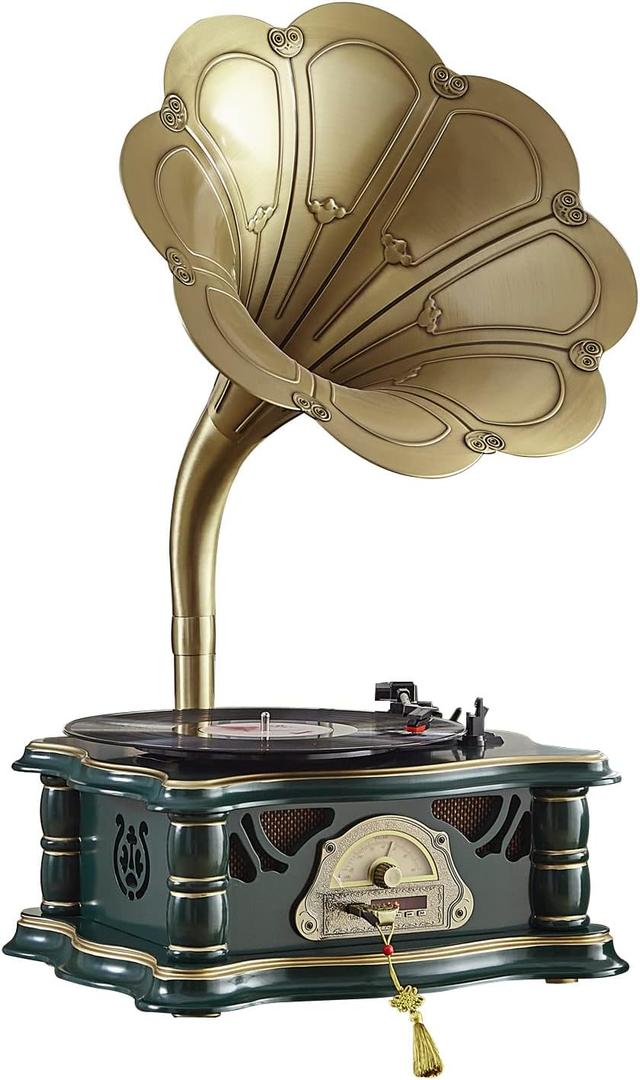 Wooden Vintage Gramophone Record Player, Retro Phonograph Record Players, 3 Speed Turntable for Vinyl Record with Bluetooth Audio in/USB Audio in/FM for Home/Office/Hotel/Christmas/Birthday/Party (green)