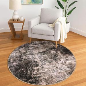 IOHOUZE Round Area Rug 5 Ft Circle Entryway Rugs Round Washable Door Mat Indoor Entrance, Non Slip Circle Front Door Rug, Printed Abstract Faux Wool Floor Carpet for Foyer Porch Sink, Brown/Rust