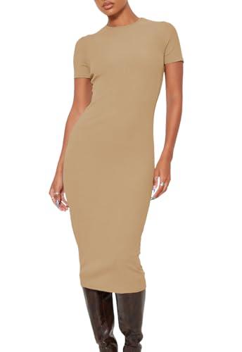 YouSexy Women's Summer Short Sleeve Ribbed Casual Dresses Crew Neck Bodycon Midi Dress Camel, XXL