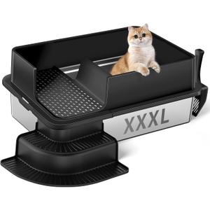 XXXL Stainless Steel Litter Box, 28"x20"x12" Extra Large Semi Enclosed High Sided Metal Cat Litter Box with Filtered Grid, Step, Scoop, Non-Sticky, Non-Odor, Easy Cleaning (Black)