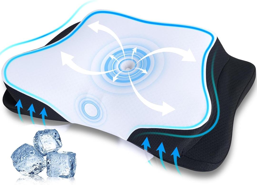 SUPA MODERN Cooling Cervical Neck Pillow for Sleeping, Contour Side Sleeper Pillow for Adults, Ergonomic Memory Foam Orthopedic Neck Pain Relief, Stomach Sleeping with Luxury Cool Cover (Black and White)