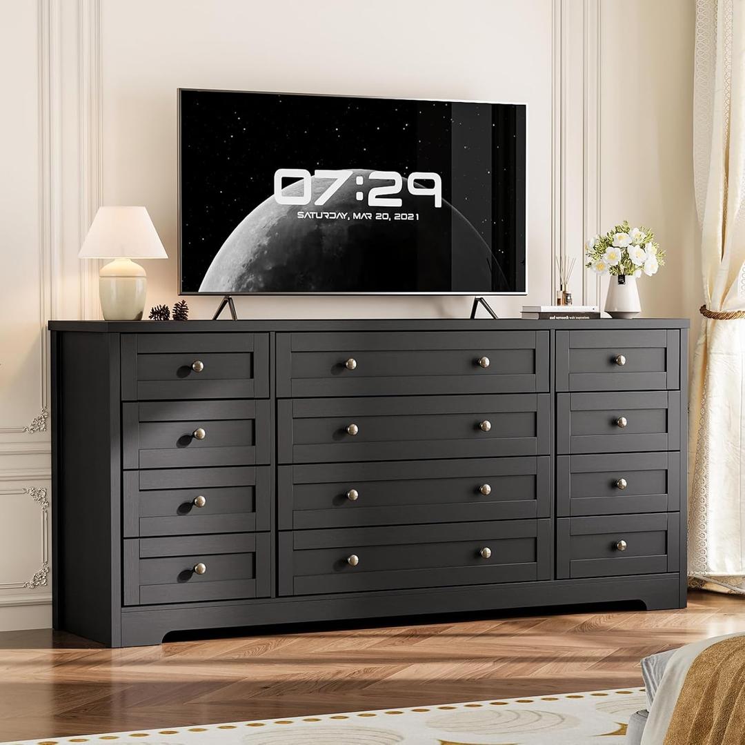 Hetoy 12 Drawer Wood Dresser for Bedroom 63" Wide Chest of Drawers, Modern Storage Cabinet for Living Room, Hallway, Entryway, Fits 65 Inch TV, Sturdy Wood Construction - Black, 63" W x 29.5" H x 15.8" D