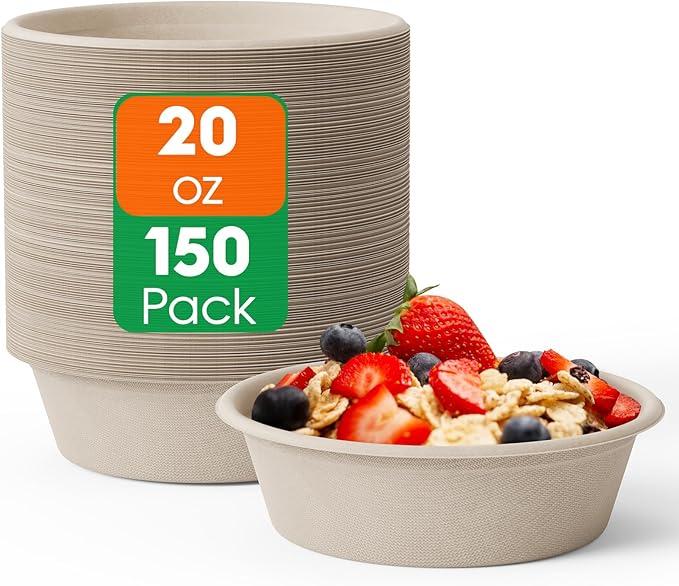 ECOLipak 20 OZ 150 Count Paper Bowls, Disposable Compostable Large Soup Bowl, Heavy Duty Bagasse Bowls for Family Lunch, Dinner Meals, Camping, Party