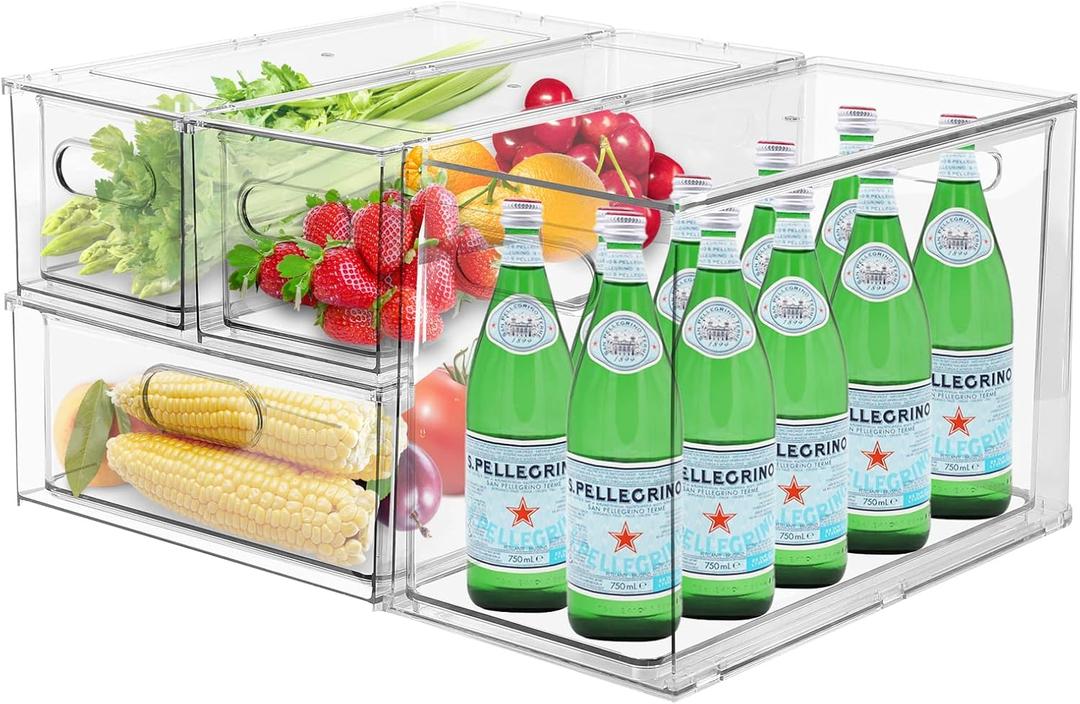 4 Pack Refrigerator Organizer Bins with Pull-out Drawer Stackable Clear Fridge Drawer Organizer Fruit Vegetable Storage Containers for Kitchen Pantry Organization (1 Large+1 Tall+2 Small)