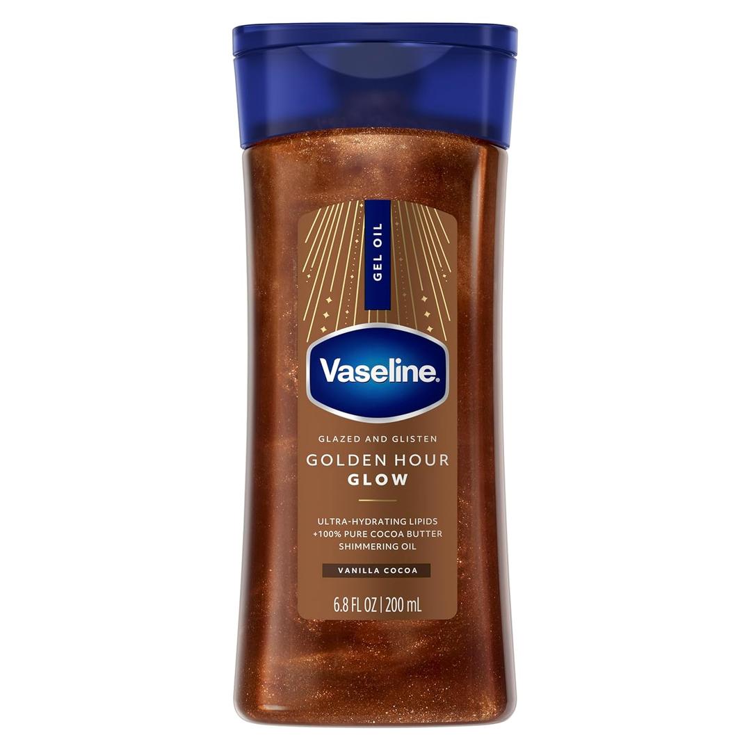 Vaseline Glazed and Glisten Golden Hour Body Gel Oil Glow Vanilla Cocoa Shimmering with Ultra-Hydrating Lipids and 100% Pure Cocoa Butter, 6.8 Oz