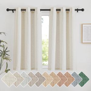 NICETOWN Natural Short Linen Cafe Curtains for Kitchen, Thick Flax Small Window Treatments Semi Sheer Privacy Assured with Light Through for Cafe/Bathroom, W42 x L48, 2 Panels