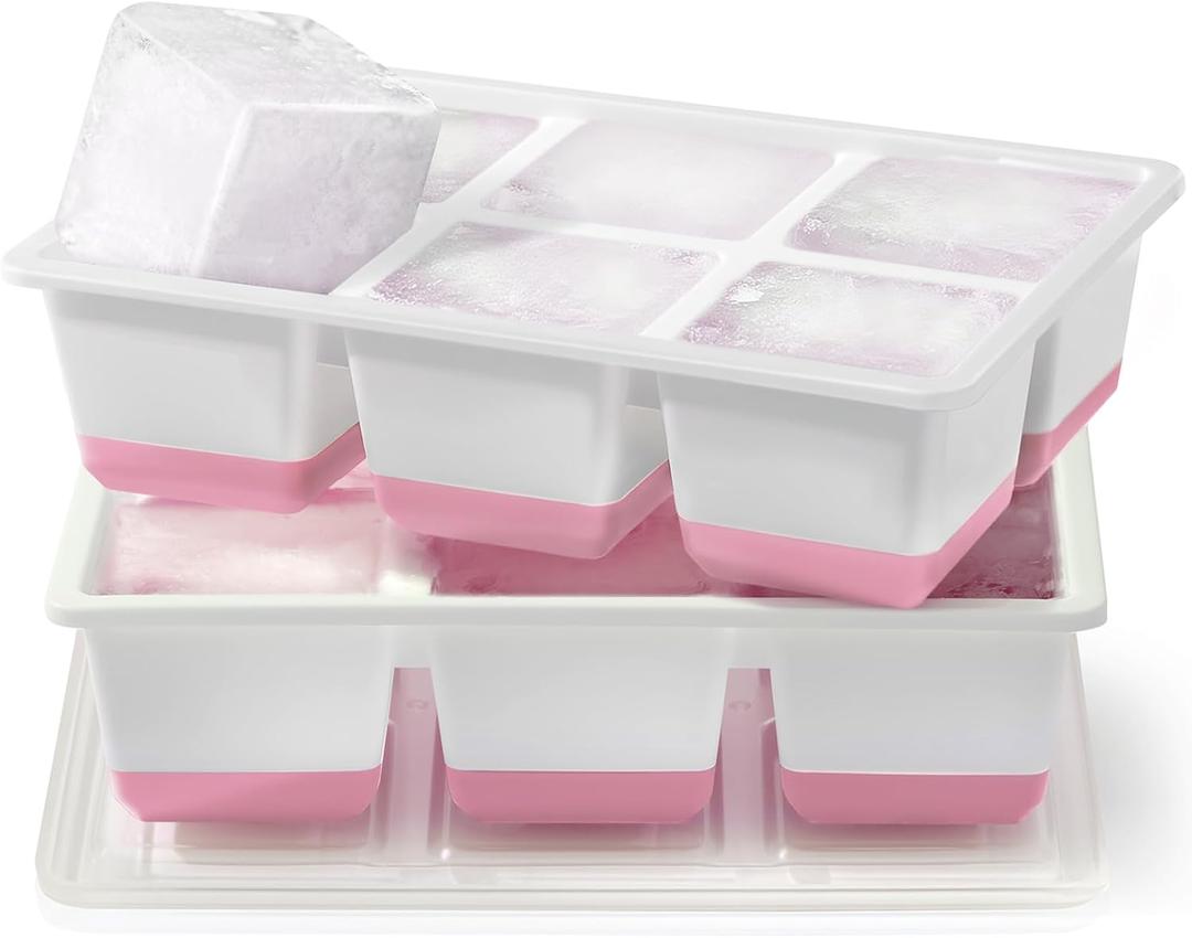 Large Ice Cube Trays 2 Pack, Easy Release 2.4" Big Ice Cubes, Stackable Ice Trays for Freezer, Silicone Cocktail, Whiskey Ice Cubes Mold with Lid, Dishwasher Safe - BPA Free (Pink)