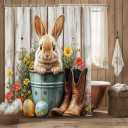 Easter Bunny Shower Curtain Farmhouse 72x72 Inch Funny Spring Cute Rabbits Eggs Western Boots Flower Floral Rustic Wooden Bath Curtain, Bath Decor Waterproof Fabric Bathtub Curtains 12 Hooks