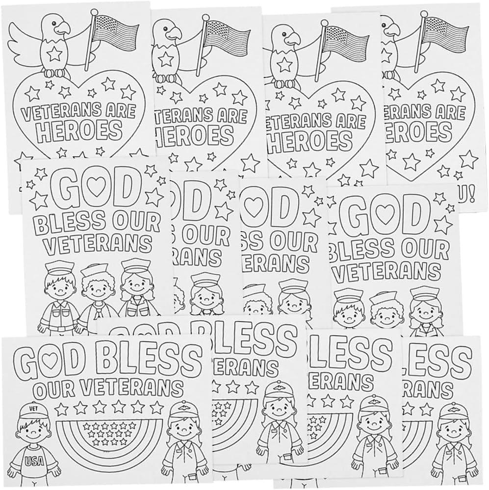 Color Your Own White Veterans Day Cards (5" x 7") 12 Pcs.  Assorted Designs, Ideal for Craft Projects & Patriotic Celebrations