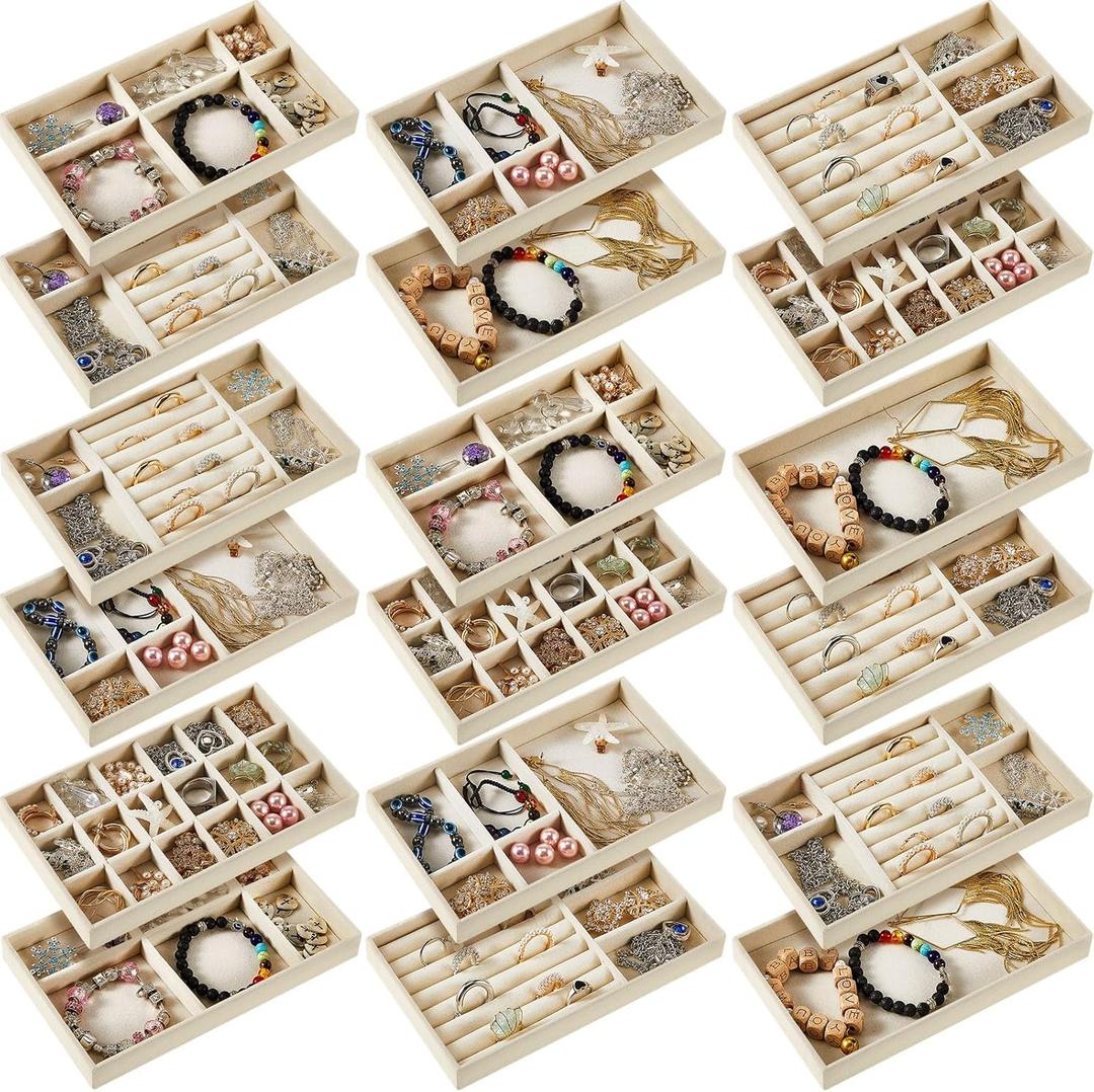 Junkin 18 Pcs Velvet Jewelry Tray Stackable Jewelry Drawer Organizer Jewellery Box Divided Display Tray for Earring Bangle(Beige)