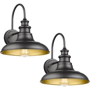 Outdoor Barn Light Fixture, 12.3 Inch Large Dome Farmhouse Wall Mount Light Wall Sconce Exterior Wall Lighting Fixture Industrial Black Finish Lantern with Gold Interior for Porch Garage Patio, 2 Pack 