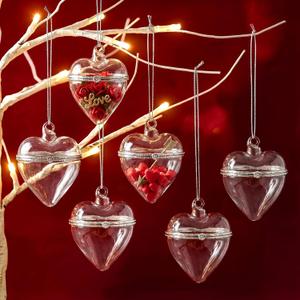 6 Pcs Hinged Glass Clear Heart Ornament Valentine's Day Fillable Ornament That Open Orb 3.6 Inch Romantic Clear Glass Box Hanging with Opening for Valentine's Wedding DIY Holiday Decorations