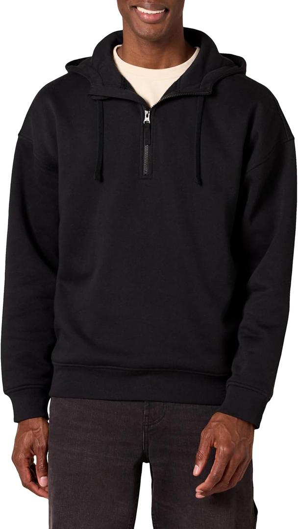 Amazon Essentials mens Quarter-Zip Oversized-Fit Hoodie Sweatshirt (Medium, Black)
