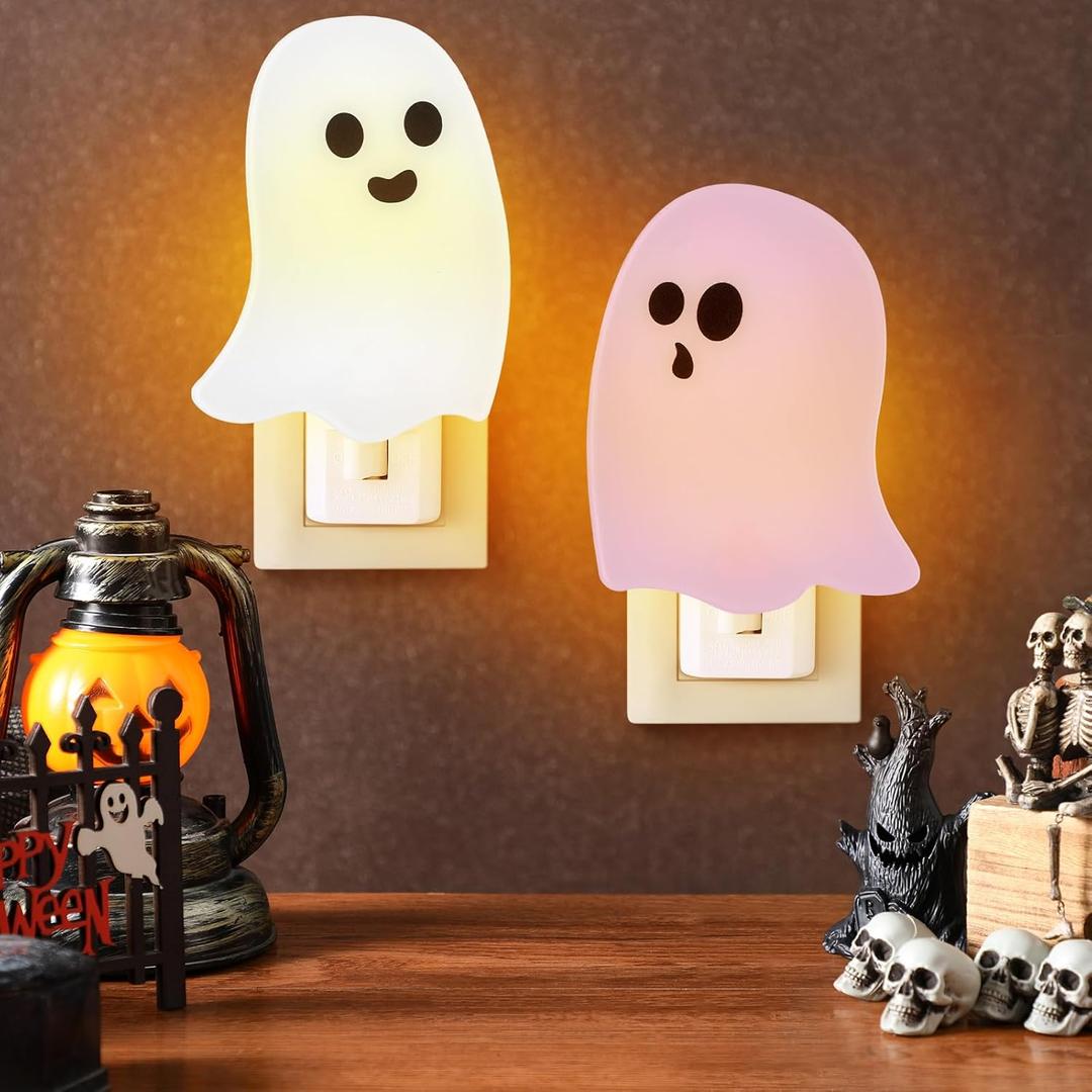 2 Pack Halloween Ghosts Night Light Plug into Wall Cute White Pink Ghosts Decorative Lamp Gifts LED Illumination for Halloween Home Hallway Stairway Kitchen Corridor Decor