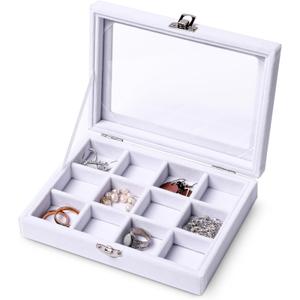 Frebeauty Jewelry Organizer Tray with Clear Lid 12 Grid Velvet Drawer Insert Jewelry Box with Transparent lid Jewelry Display Case Store Showcase Jewelry Box Gift for Women(White,12 Grid)