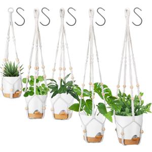 GARDIFE Hanging Planters for Indoor Plants,5Pcs Hanging Basket for Indoor Boho Home Decor,Macrame Plant Hanger,35 Inches,29Inch,23Inch, Ivory,Self Watering Planters, 7/6.5/6/5.5/5 Inch,White&White