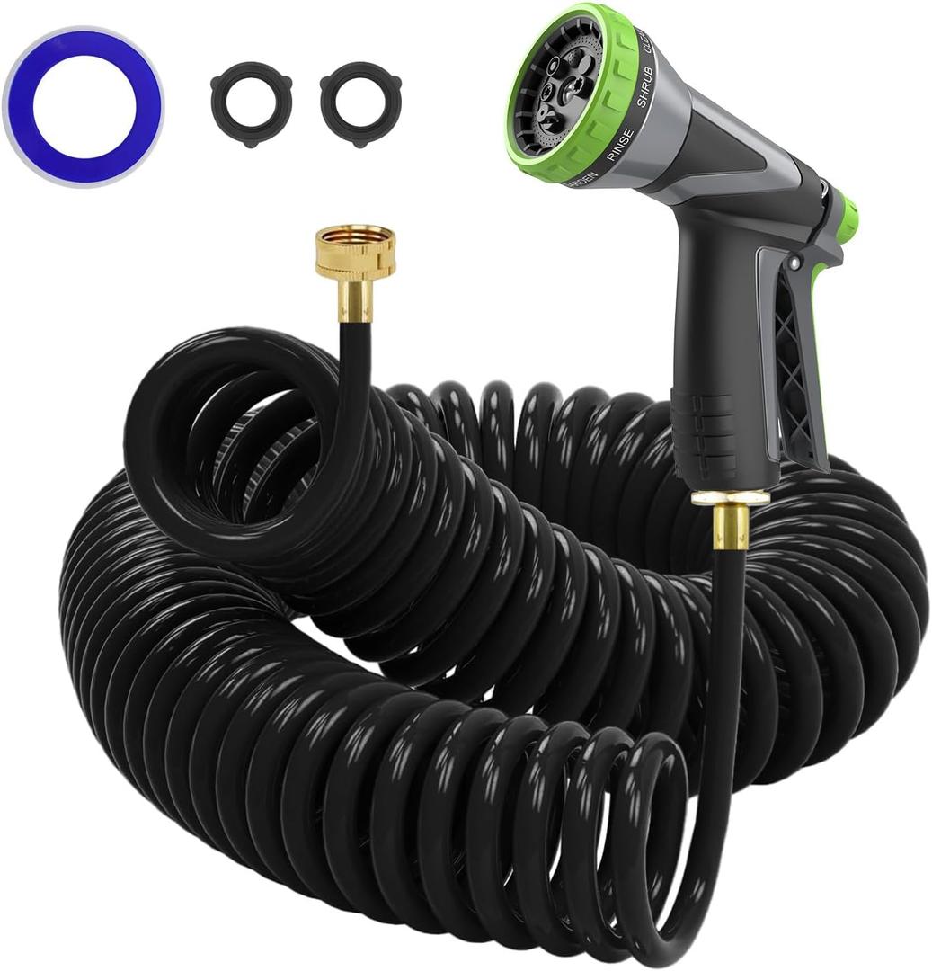 Coil Hose,3/8" EVA Coil Garden Hose 50 FT,Curly Water Hose Lightweight with Brass Connectors,Recoil Garden Hose Includes 8-Pattern Spray Nozzle for Boat, Yard, Patio, Green (Black)