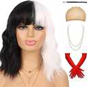 Tereshar Half Black and White Wig with Accessories 5pcs Set for Women Costume Short Curly Wig with Bangs Halloween Cosplay Party Wig  