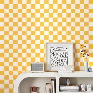 Orange and Yellow Checkered Wallpaper Modern Plaid Mosaic Contact Paper Peel and Stick Countertops Removable Cream Checkerboard Wallpaper for Bedroom Cabinets Liners Nursery Desk 17.5"x102"