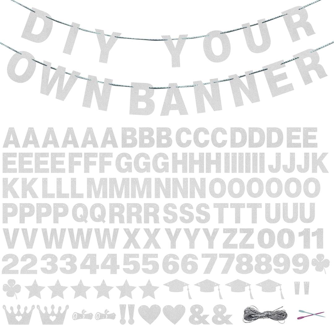 131 PCS Custom Banner Glitter DIY Letter Banners Personalized Banner for Birthday Congratulations Wedding Party Silver