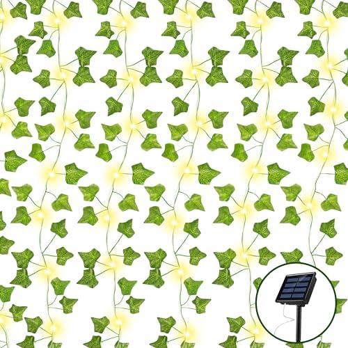 Hokinaa Artificial Ivy Fake Vines - Solar 33 Ft 100 Lights Waterproof Copper Wire Lamp Garland Greenery Fake Hanging Plants Vine Green Leaves for Bedroom Wedding Party Garden Wall Curtains Decor