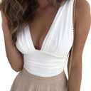 xxxiticat Women's Deep V-Neck Tank Top Casual Sleeveless Low Cut Ruched Wrap Vest Crop Top Summer Camis Blouse Shirt (White, L)