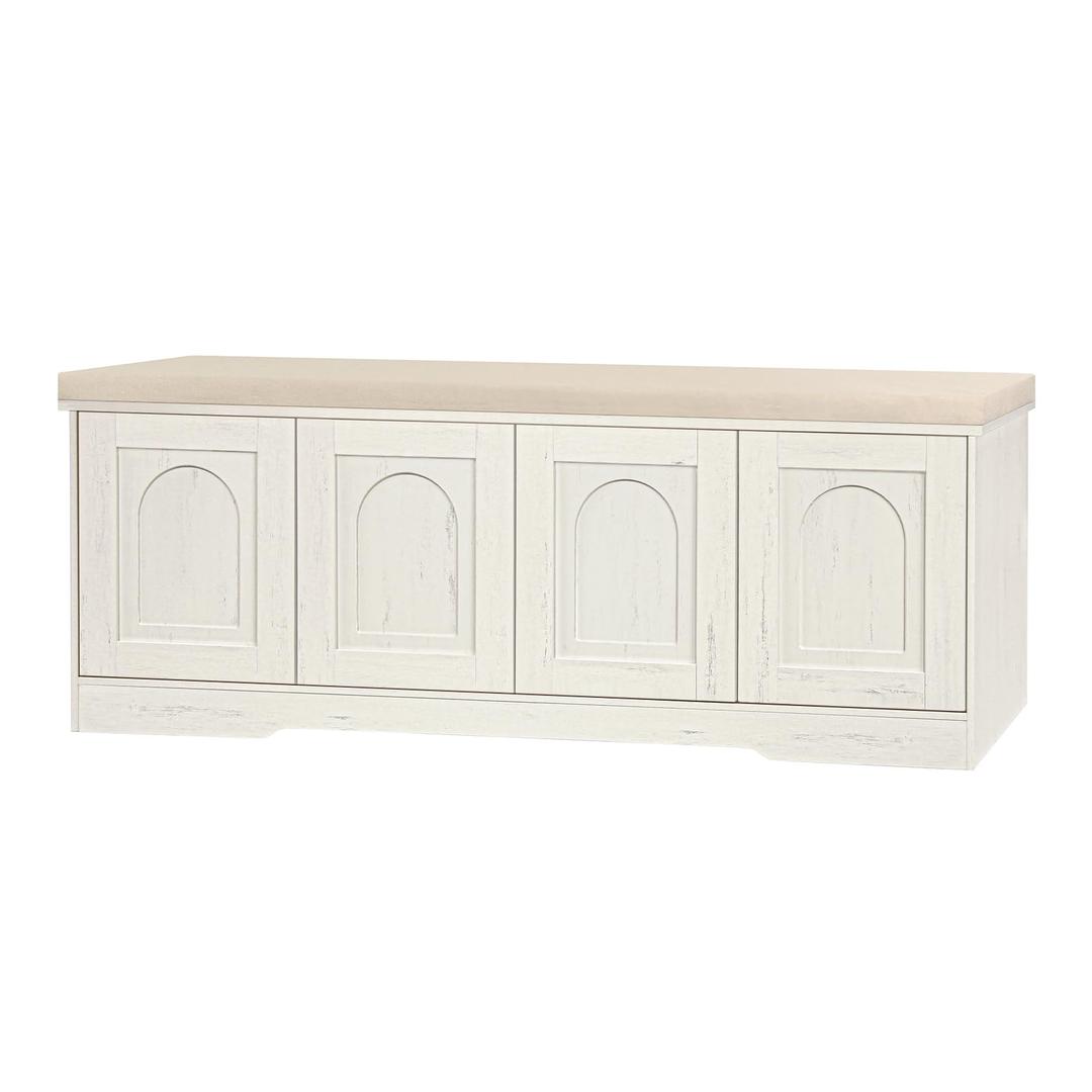 DINZI LVJ Shoe Bench, Entryway Storage Bench with Doors, Cushion, 2-Tier Shoe Rack with 8-Cubby, 47.2L x 13.8W Farmhouse Shoe Organizer Cabinet, Adjustable Shelf, Living Room, Bedroom, Rustic White