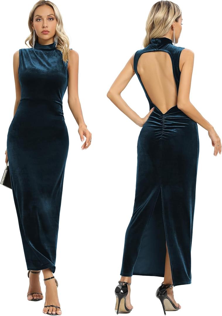Capuffy Women Backless Velvet Maxi Dress Back Slit Ruched Bodycon Formal Dress High Neck Cocktail Party Dress 091 (Small, Peacock Blue)