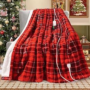 MAXEVE Faux Fur Heated Electric Blanket, 62"x84" Fast Heating Warming Twin Blankets with 8 Heating Levels & 8 Hours Auto Off with Over-Heat Protection & ETL Certified, Plaid Red