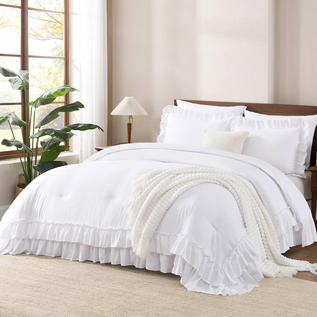 Andency White Comforter Set Queen Size, Lightweight Fluffy Farmhouse White Ruffle Bedding Set, Soft Polyester All Season Shabby Chic Bed Comforter Set 3 Pieces(1 Ruffle Comforter 2 Pillowcases)