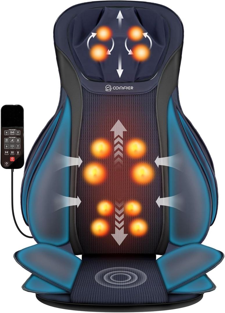 COMFIER Shiatsu Neck Back Massager with Heat for Pain Relief Deep Tissue, Adjustable-Height Neck Massage Rollers, Massage Chair Pad Tapping Compression Seat Massager Full Body, Gifts for Men Women (Navy Blue)