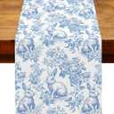 Chinoiserie Easter Table Runner Toile de Jouy Vintage Blue and White Bunny Spring Party Decoration Home Kitchen Dining Room Table Decor (Blue, 13" x 90")