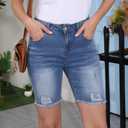Fuwenni Womens Casual Denim Shorts Bermuda Stretchy Trendy Distressed Frayed Raw Hem Jean Shorts Denim Blue M