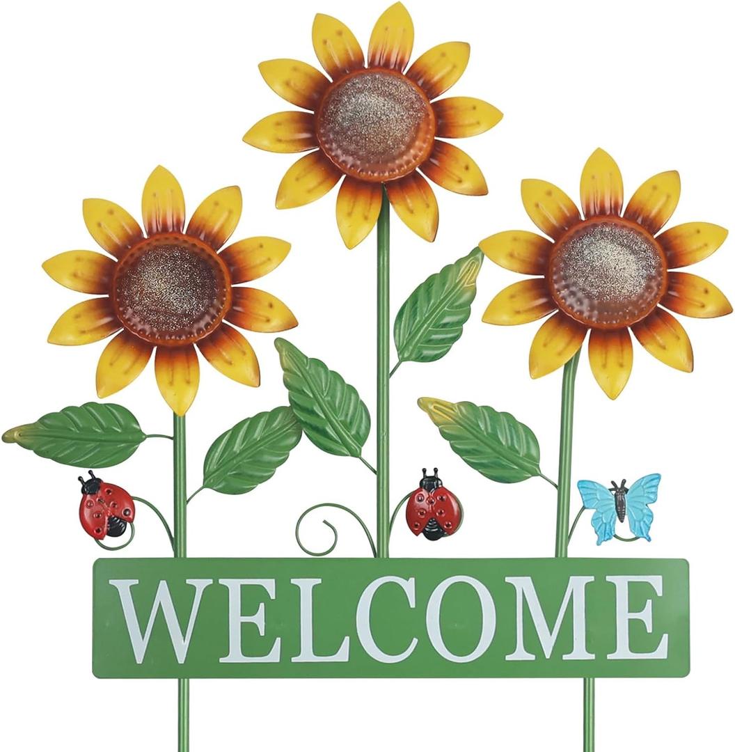 hogardeck Garden Decor for Outside, Metal Sunflower Butterfly Decorative Garden Stakes for Spring Decor, Yard Art Welcome Sign for Outdoor Lawn Porch Pathway Backyard Patio Decorations (Yellow,green)