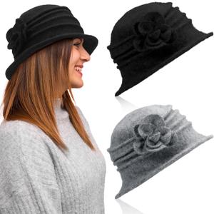 Geyoga 2 Pcs Cloche Hats for Women Fleece Flower Cancer Headwear for Women Chemo Cap 1920s Vintage Wool Bucket Hat for Ladies (Black, Gray)