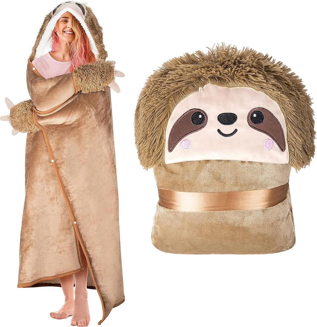 Sloth Wearable Hooded Blanket for Adults - Super Soft Warm Cozy Plush Flannel Fleece & Sherpa Hoodie Throw Cloak Wrap - Sloth Gifts for Women Adults and Kids (Brown)
